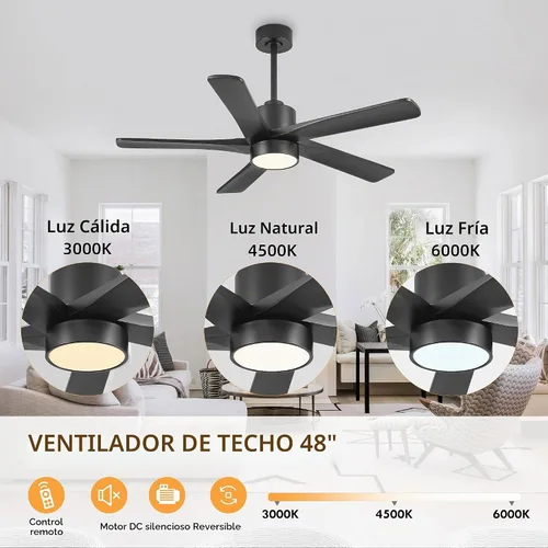 Vista 6 de WINGBO Ventilador de techo CC de 48 pulgadas con luces y control remoto, 5 cuchillas de madera maciza tallada, motor CC reversible de 6 velocidades
