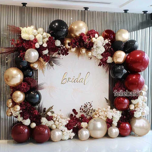 Vista 9 de Kit de arco de globos color burdeos y negro, doble relleno, color granate, rojo oscuro, perla, blanco, arena, dorado, guirnalda de globos