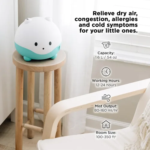 Vista 5 de LittleHippo WISPI Humidificador 3 en 1, Difusor y Luz Nocturna para Bebé/Niños - 3 Intensidades de Neblina, 7 Luces LED Cambiantes de Color, Bandeja