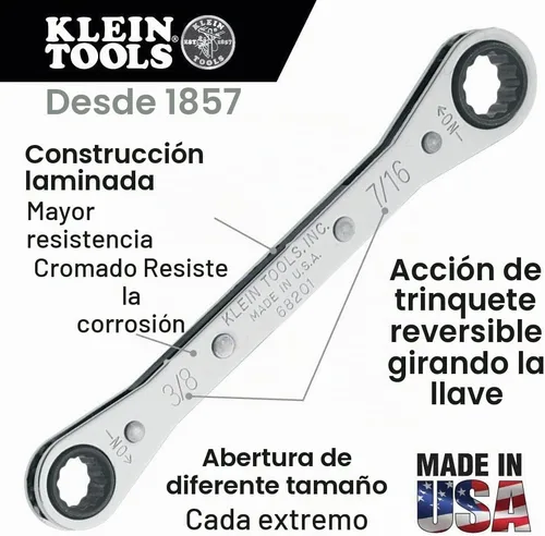 Vista 2 de KLEIN TOOLS 68202 Llave de caja de trinquete, fabricada en EE. UU., 1/2 pulgadas x 9/16 pulgadas con trinquete inverso y acabado cromado