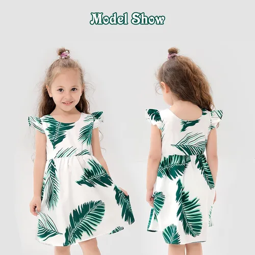 Vista 3 de Vestido de verano a juego con estampado de hojas verdes para madre e hija faldas sin mangas traje de playa a juego para la familia