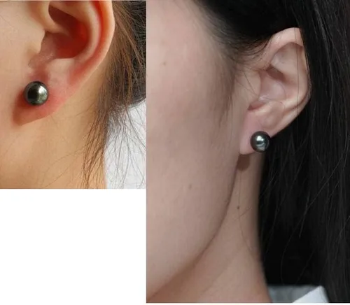 Vista 3 de Aretes de perlas negras para mujer, aretes de plata de ley