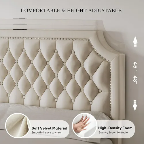 Vista 4 de DWVO Base de cama de tamaño matrimonial con cabecera ajustable, 4 cajones de almacenamiento y estación de carga, marco de cama tapizado de Beige