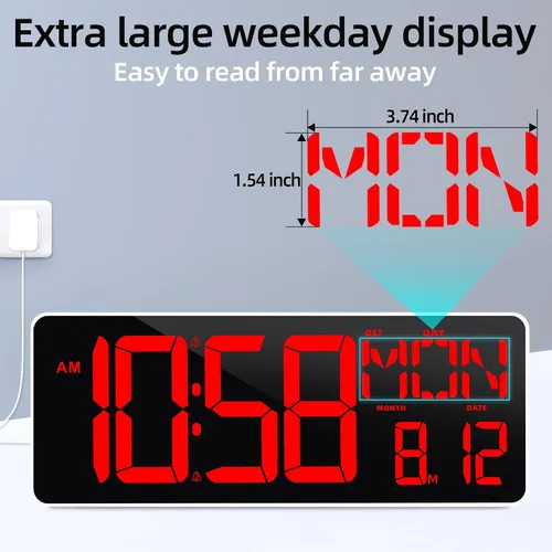 Vista 6 de TXL Reloj de pared digital grande de 13.7 pulgadas con control remoto, reloj de escritorio LED digital con función