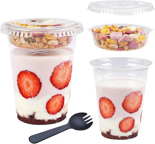 Vista 9 de TOFLEN Vasos de plástico transparente para yogur y parfait con tapas, desechables para llevar, tazas de cereales para desayuno, aperitivos, frutas