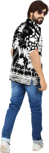 Vista 4 de LA LEELA Camisas hawaianas de manga corta con botones para hombre, camisas de fiesta para hombre, camisas tropicales de verano, playa, vacaciones