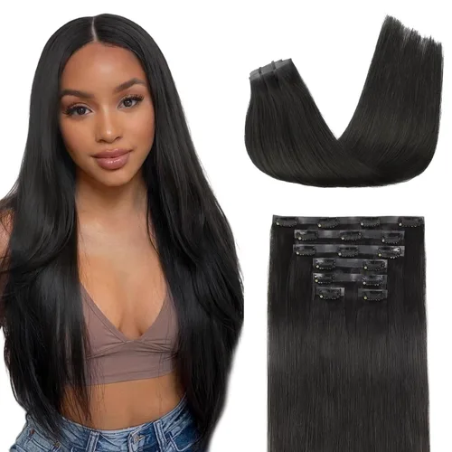 Vista 34 de Lashey Extensiones de cabello humano con clip, sin costuras, #1, color negro azabache, extensiones de cabello humano real, extensiones de cabello