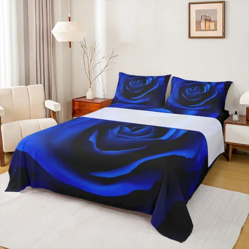 Vista 2 de Erosebridal Juego de sábanas de rosas tamaño individual, color azul, diseño romántico para mujeres, niñas, esposa, pareja, día de San Valentín