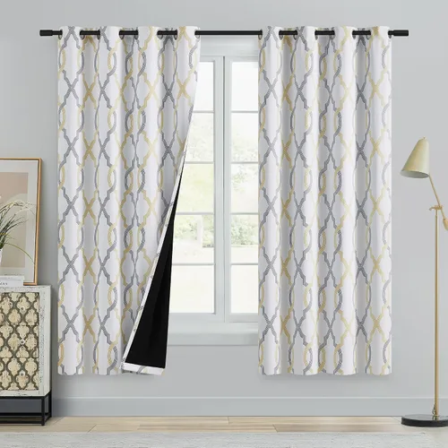 Vista 2 de Cortinas 100% blackout, de 54 pulgadas de largo, para dormitorio, amarillo gris sobre blanco con patrón geométrico marroquí, para sala de estar
