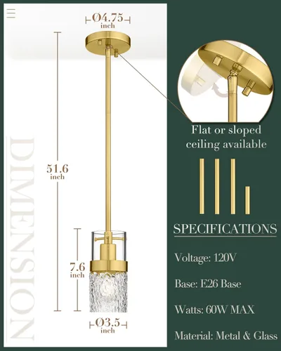 Vista 3 de LMS Lámpara colgante dorada, 1 luz colgante para isla de cocina con vidrio martillado, LMS-171