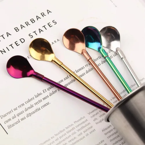 Vista 2 de 7 popotes de metal para beber con 2 cepillos de limpieza de 8.5 pulgadas, cuchara de barra reutilizable para café helado, bebida congelada, batidos