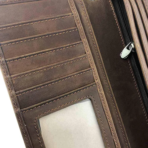 Vista 3 de Monedero de cuero con cadena larga de motociclista para hombre, Marrón