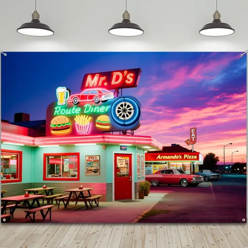 Vista 9 de HANYING Fondo retro para cena de los años 50, Ruta 66 Restaurante Ciudad Nocturna, Fondo de Fotografía, 7 x 5 pies, Decoración de fiesta