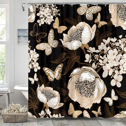 Vista 3 de Cortina de ducha de mariposa floral negra y dorada, cortina de ducha bohemia con diseño botánico de flores oscuras para baño con gancho, juego