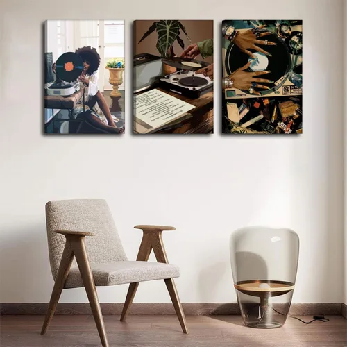 Vista 3 de Lienzo enmarcado de niña negra, 3 unidades, diseño de niña negra, música de discos, decoración de pared, cuadros de niña negra funky, pósteres
