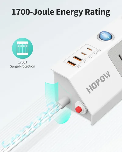 Vista 6 de HOPOW Regleta de alimentación de enchufe plano con interruptores individuales, cable de extensión plano ultrafino de 10 pies, protector