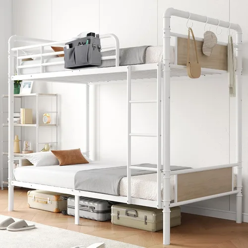 Vista 13 de Jocoevol Litera Doble sobre Doble, literas de metal resistente con escalera y barandilla de longitud completa, convertible en 2 camas individuales