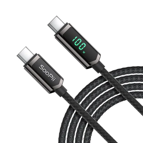 Vista 14 de SOOPII Cable USB C a USB C de 100 W, cable trenzado tipo C de nailon de 1 pie con pantalla LED para iPhone 15/15 Pro/15 Plus/15 Pro Max, MacBook