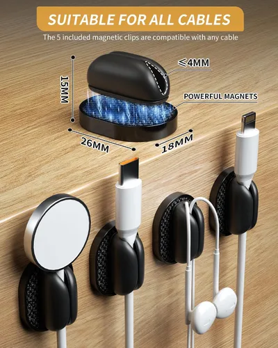 Vista 2 de Paquete de 6 soportes organizadores de cables Puretor – Fuerte adhesivo y gestión de cables de escritorio magnéticos, organiza sin esfuerzo cables