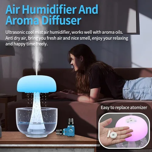 Vista 8 de Humidificador de lluvia nube de goteo, difusor de nube de lluvia, luz nocturna de lluvia y goteo, humidificador de hongos con goteo de agua, lámpara