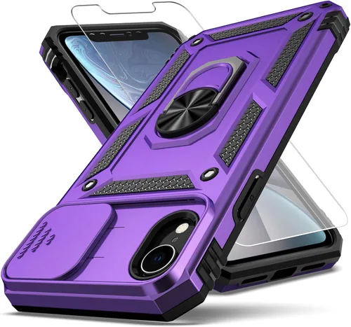 Vista 8 de Funda para iPhone XR, cubierta de lente de cámara deslizante integrada+soporte de anillo de dedo+protector de pantalla, funda protectora de cuerpo