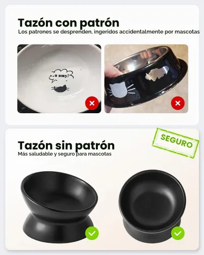 Vista 3 de LoeJan Tazón Elevado para Comida de Gatos, Tazón de Agua de Cerámica Elevado e Inclinado de 5 Oz, Platos Anti Vómito que Protegen la Columna Negro