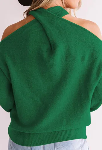 Vista 3 de Angashion - Suéteres casuales para mujer hombros descubiertos y manga larga sin botones con cuello en V cuello cruzado o cuello halter