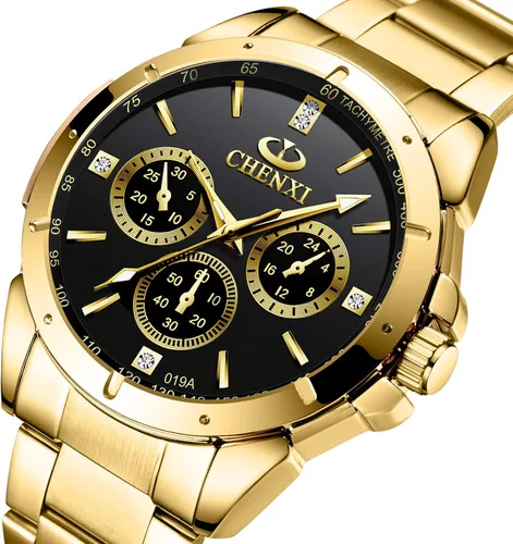 Vista 3 de Reloj de acero inóxidable dorado con cristales estilo clásico para hombre Fq-005