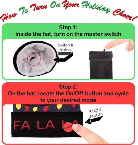 Vista 2 de Windy City Novelties Suéter feo de punto con luz LED, gorro navideño de Navidad, 3 modos intermitentes (FA LA LA), multicolor, Multi colorido