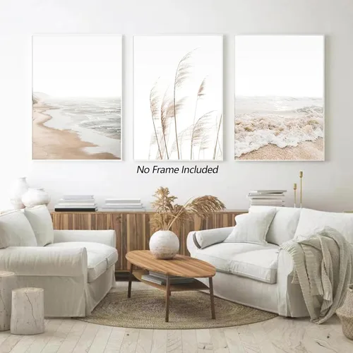 Vista 4 de Arte de pared de playa, impresiones bohemias, lienzo costero, decoración de pared, imágenes de playa, hierba de pampas, océano, póster de plantas