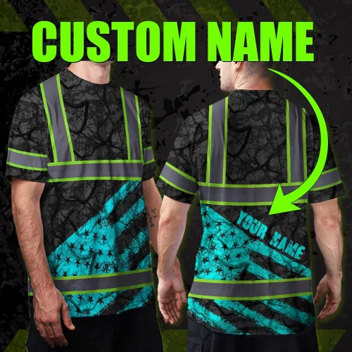 Vista 5 de Camisa de alta visibilidad de calavera con bandera de Estados Unidos para hombres, camisas de seguridad con nombre personalizado, ropa de trabajo