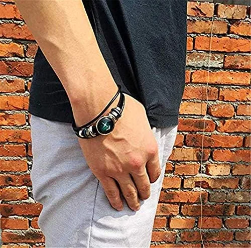Vista 2 de Pulsera de cuero trenzado a mano con 12 cuentas de constelación para hombre, estilo retro, 2
