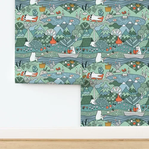 Vista 4 de Papel tapiz para despegar y pegar – Day Lake restaura la naturaleza, animales, gatos, picnic de verano, gatos, papel tapiz extraíble personalizado