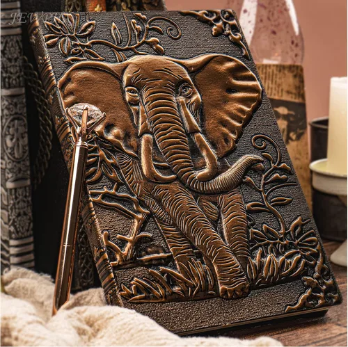 Vista 7 de Diario de Cuero Vintage con Elefante 3D con Juego de Bolígrafos, Libreta Diaria de Cuero Antiguo Hecha a Mano, Cuaderno de Bocetos, Diario de Viaje