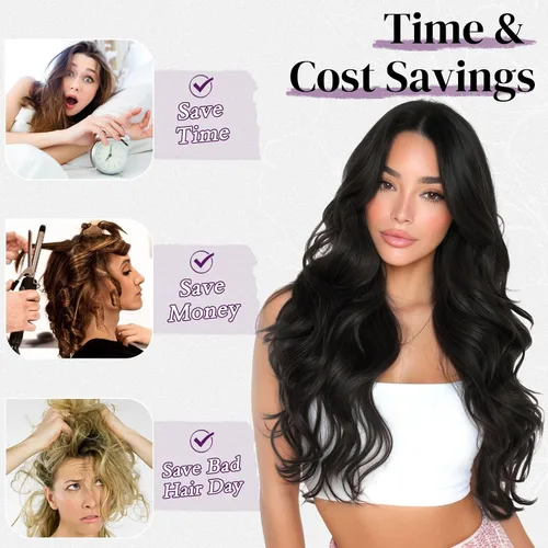 Vista 4 de BARSDAR 24 Inch Synthetic Layered Loose Wavy Black Clip in Hair Extensions