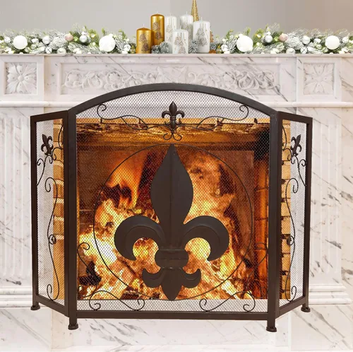 Vista 3 de BestGiftEver Pantalla decorativa para chimenea de 3 paneles con diseño de flor de lis, marrón oscuro clásico, cubierta decorativa de malla de hierro