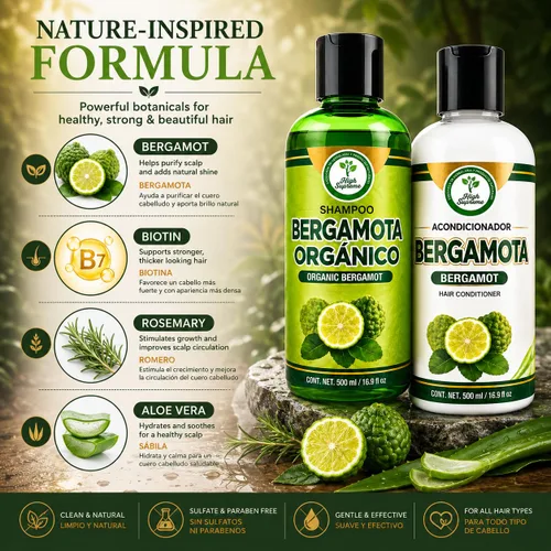 Vista 2 de Champú Orgánico Bergamota + Acondicionador (16.9 fl oz) con Aloe Vera y Romero CHAMPÚ ORGÁNICO BERGAMOTA con Sábila & Romero + Acondicionador