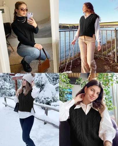 Vista 2 de Chaleco tipo suéter para mujer, cuello en V, sin mangas, de punto, liso, casual, acanalado, sin botones, sin botones