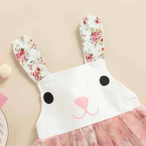 Vista 3 de Conjunto de vestido de Pascua para bebé y niña, diseño de conejito halter, de malla, calentadores de piernas