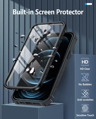 Vista 4 de FNTCASE Funda para iPhone 12 Pro-Max: con [protector de pantalla y soporte integrados] [protección contra caídas de grado militar] Funda protectora
