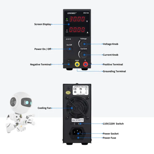 Vista 3 de LONGWEI Fuente de alimentación de CC variable, 30 V 10 A, 4 pantallas LED digitales, fuente de alimentación de conmutación regulada ajustable