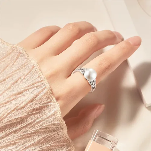 Vista 5 de STARCHENIE Anillos de perlas, anillo de compromiso de boda con nudo celta para mujer, anillo de plata de ley talla 5-10