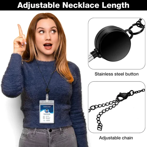 Vista 3 de Zonon Cordón Retráctil con Portaidentificación 3 Piezas Collar de Insignia con Cuentas con 6 Portarjetas Impermeables de Acero Inoxidable ID Negro