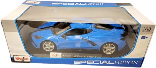 Vista 6 de Chevy Corvette Stingray C8 Coupé 2020 con ala alta azul con rayas negras 118 modelo fundido a presión Car31455