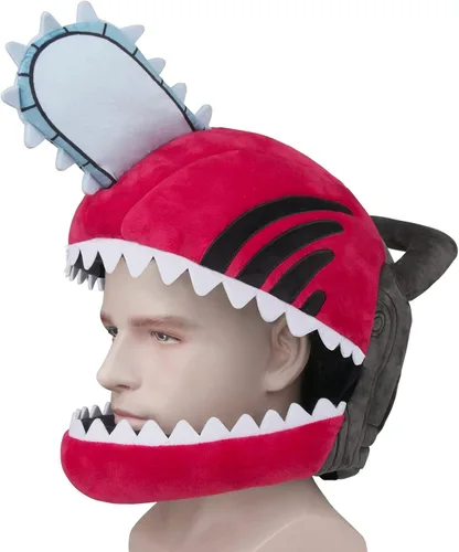 Vista 5 de HORNIGHT Disfraz de hombre de motosierra de anime, sombrero de pochita de felpa suave y cálida, máscara de felpa para disfraz, fiesta de cosplay
