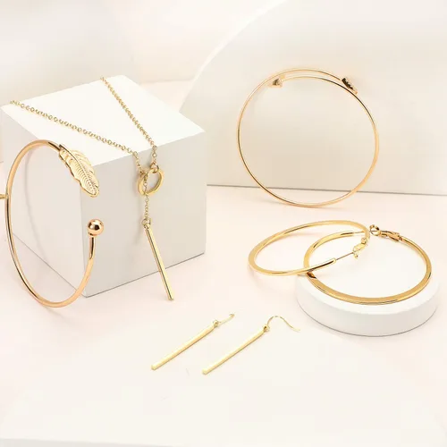 Vista 5 de Hicarer Simple Bar - Juego de joyas de barra vertical, collar, aretes, pulsera ajustable para mujer, Metal