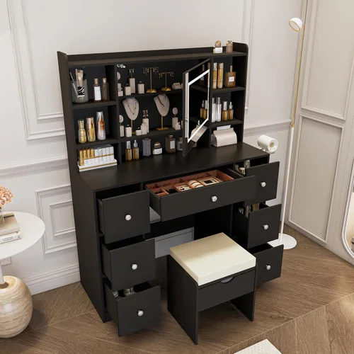 Vista 2 de Viaozutis Escritorio de tocador con espejo y luces LED, toma de corriente integrada, iluminación LED regulable, 7 cajones y 7 compartimentos
