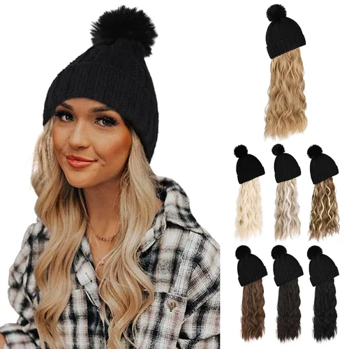Vista 17 de Flufymooz Gorro con peluca, extensión de pelo con gorro de piel sintética con pompón largo ondulado rizado, peluca con gorro adjunto de 20 pulgadas