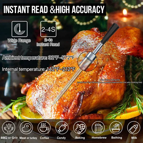 Vista 6 de Termómetro inalámbrico Bluetooth para carne, rango de 820 pies, pantalla digital VA HD, lectura instantánea, sonda impermeable para parrilla, horno
