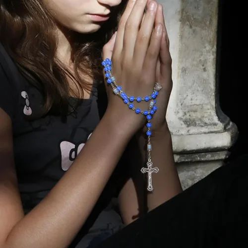 Vista 45 de KOMI Rosario de cuentas católicas para mujer, collar de cuentas de rosario con cruz de crucifijo, perlas de cristal, rosario, rosarios, católicos